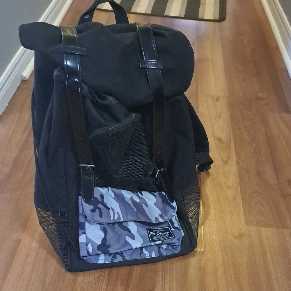 Black Dog Carrier Backpack with Blue Camo Pocket